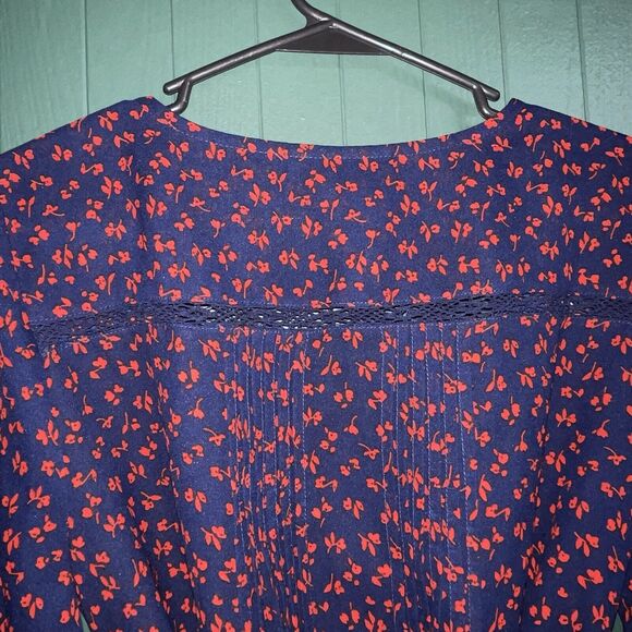 A Pea In The Pod Floral Navy Blue Blouse Top With Tie Belt Maternity Tunic Sz M - Picture 5 of 9